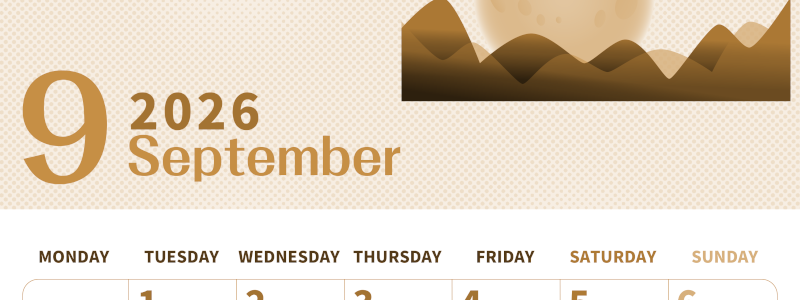 2026年9月縦型レトロな月曜始まり 季節イラストのかわいいA4無料セピア調カレンダー(2026-00620911)