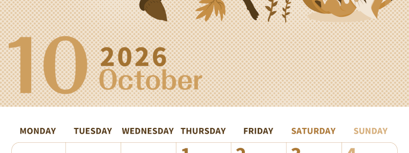 2026年10月縦型レトロな月曜始まり 秋のイラストがかわいいA4無料セピア調カレンダー(2026-00621011)