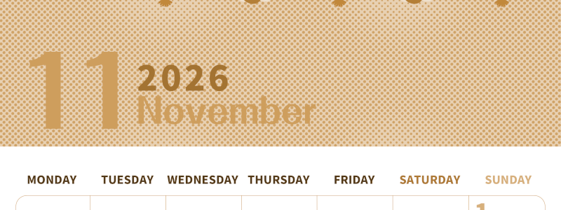 2026年11月縦型レトロな月曜始まり 招き猫イラストのかわいいA4無料セピア調カレンダー(2026-00621111)