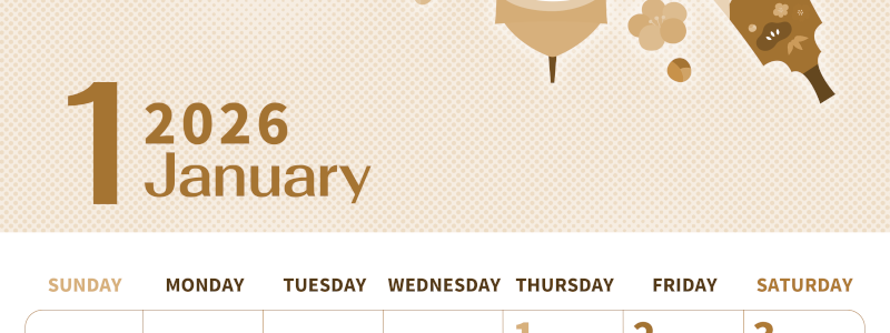 2026年1月縦型レトロな日曜始まり 羽子板イラストのかわいいA4無料セピア調カレンダー素材(2026-00620110)