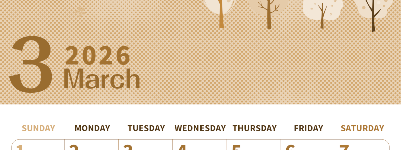 2026年3月縦型レトロな日曜始まり 桜の木イラストのかわいいA4無料セピア調カレンダー(2026-00620310)