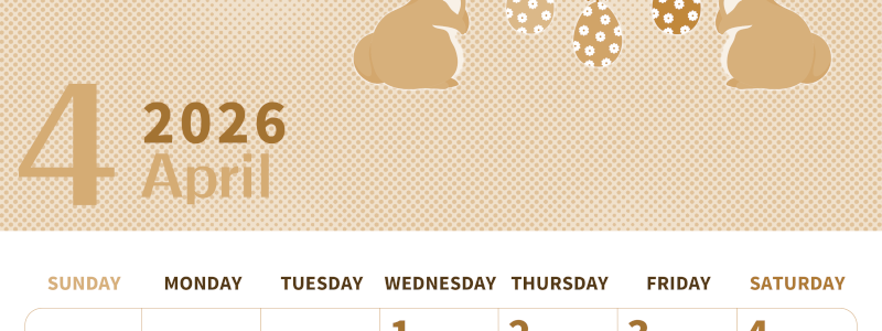 2026年4月縦型レトロな日曜始まり うさぎイラストのかわいいA4無料セピア調カレンダー(2026-00620410)