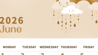 2026年6月縦型レトロな日曜始まり 雨雲イラストのかわいいA4無料セピア調カレンダー(2026-00620610)