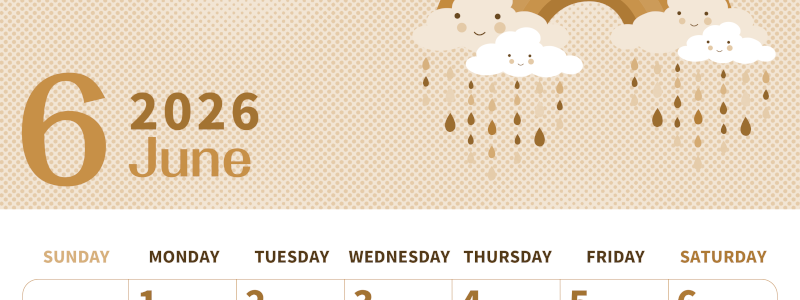 2026年6月縦型レトロな日曜始まり 雨雲イラストのかわいいA4無料セピア調カレンダー(2026-00620610)