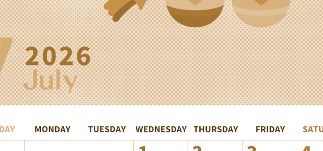 2026年7月縦型レトロな日曜始まり 季節の行事のかわいいイラストA4無料セピア調カレンダー(2026-00620710)