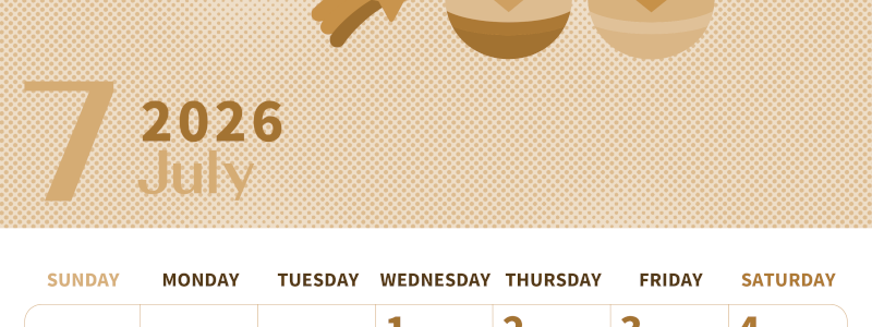 2026年7月縦型レトロな日曜始まり 季節の行事のかわいいイラストA4無料セピア調カレンダー(2026-00620710)