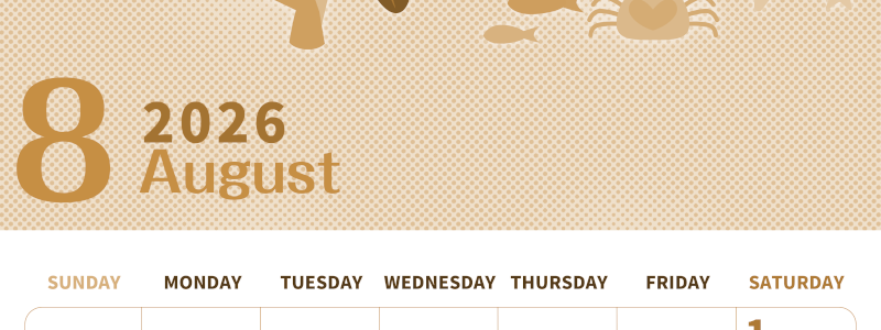 2026年8月縦型レトロな日曜始まり 水族館イラストのかわいいA4無料セピア調カレンダー(2026-00620810)