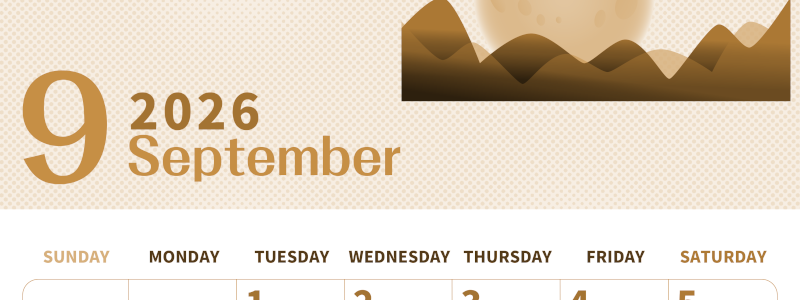 2026年9月縦型レトロな日曜始まり 季節イラストのかわいいA4無料セピア調カレンダー(2026-00620910)