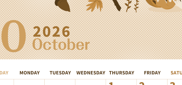 2026年10月縦型レトロな日曜始まり 秋のイラストがかわいいA4無料セピア調カレンダー(2026-00621010)