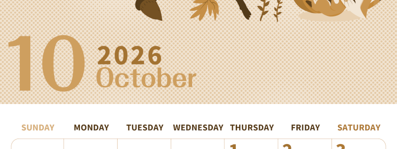 2026年10月縦型レトロな日曜始まり 秋のイラストがかわいいA4無料セピア調カレンダー(2026-00621010)