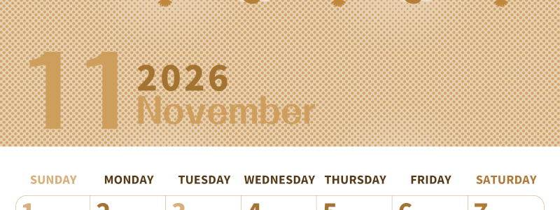 2026年11月縦型レトロな日曜始まり 招き猫イラストのかわいいA4無料セピア調カレンダー(2026-00621110)