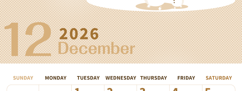 2026年12月縦型レトロな日曜始まり 雪景色イラストのかわいいA4無料セピア調カレンダー(2026-00621210)