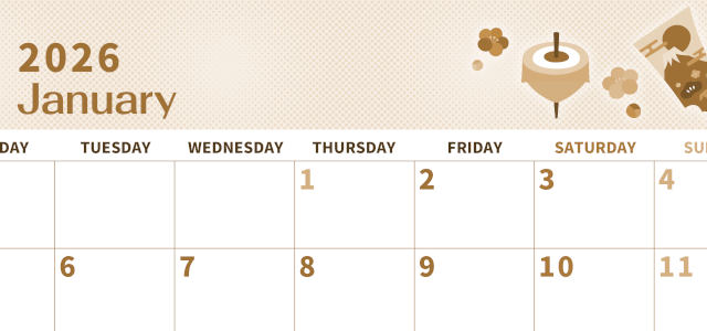 2026年1月横型レトロな月曜始まり 和風な羽子板イラストのかわいいA4無料セピア調カレンダー(2026-00620101)