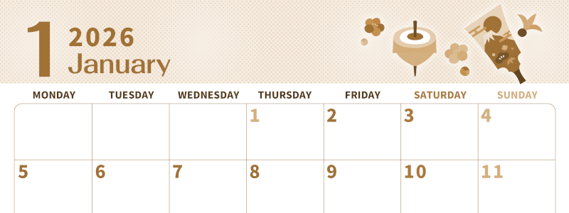 2026年1月横型レトロな月曜始まり 和風な羽子板イラストのかわいいA4無料セピア調カレンダー(2026-00620101)