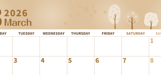 2026年3月横型レトロな月曜始まり 桜の木イラストのかわいいA4無料セピア調カレンダー(2026-00620301)