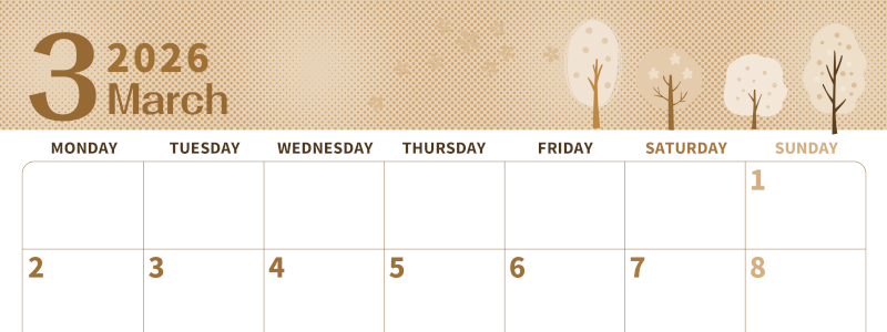 2026年3月横型レトロな月曜始まり 桜の木イラストのかわいいA4無料セピア調カレンダー(2026-00620301)
