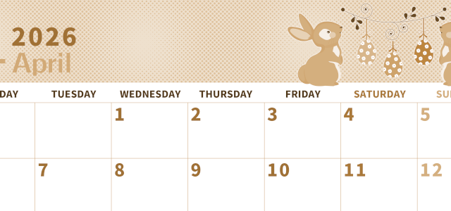 2026年4月横型レトロな月曜始まり うさぎイラストのかわいいA4無料セピア調カレンダー(2026-00620401)
