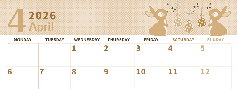 2026年4月横型レトロな月曜始まり うさぎイラストのかわいいA4無料セピア調カレンダー(2026-00620401)