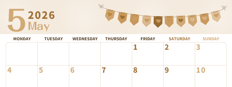 2026年5月横型レトロな月曜始まり 旗のイラストのかわいいA4無料セピア調カレンダー(2026-00620501)