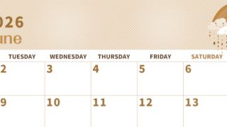 2026年6月横型レトロな月曜始まり 雨雲イラストのかわいいA4無料セピア調カレンダー(2026-00620601)