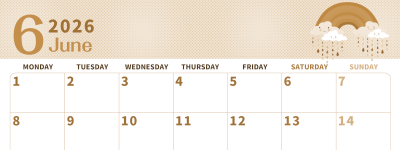 2026年6月横型レトロな月曜始まり 雨雲イラストのかわいいA4無料セピア調カレンダー(2026-00620601)