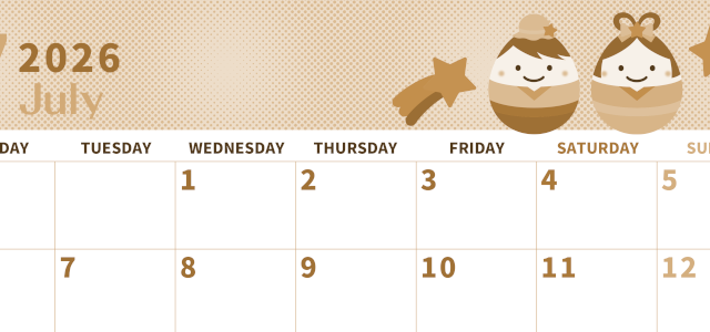 2026年7月横型レトロな月曜始まり 季節の行事のかわいいイラストA4無料セピア調カレンダー(2026-00620701)