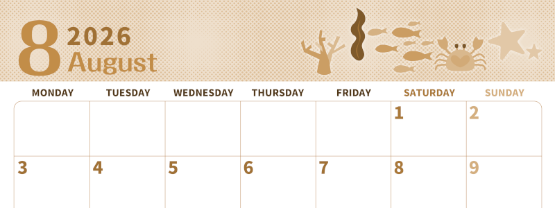 2026年8月横型レトロな月曜始まり 水族館イラストのかわいいA4無料セピア調カレンダー(2026-00620801)