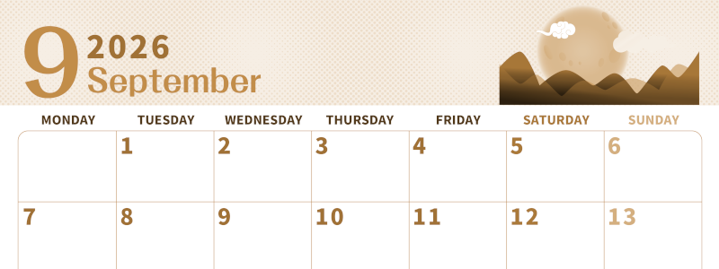 2026年9月横型レトロな月曜始まり 季節イラストのかわいいA4無料セピア調カレンダー(2026-00620901)