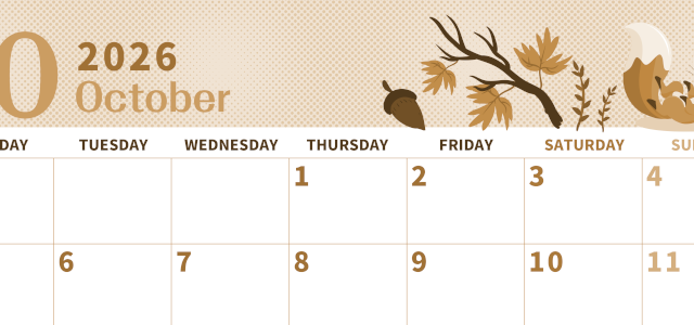 2026年10月横型レトロな月曜始まり 秋のイラストがかわいいA4無料セピア調カレンダー(2026-00621001)
