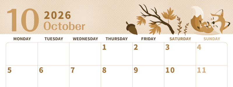 2026年10月横型レトロな月曜始まり 秋のイラストがかわいいA4無料セピア調カレンダー(2026-00621001)
