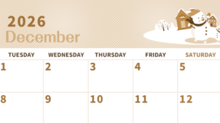 2026年12月横型レトロな月曜始まり 雪景色イラストのかわいいA4無料セピア調カレンダー(2026-00621201)