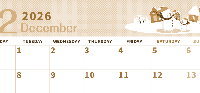 2026年12月横型レトロな月曜始まり 雪景色イラストのかわいいA4無料セピア調カレンダー(2026-00621201)