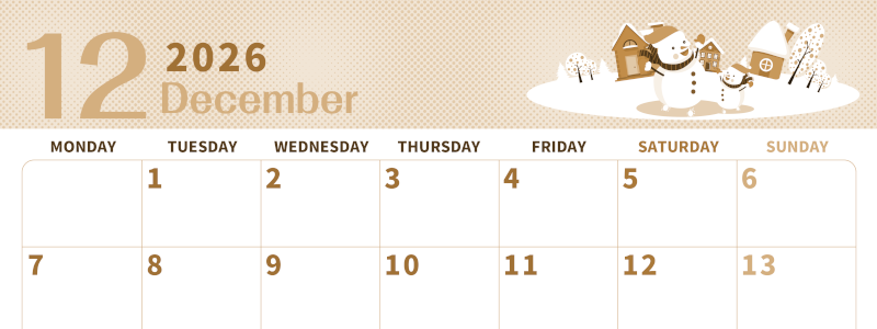 2026年12月横型レトロな月曜始まり 雪景色イラストのかわいいA4無料セピア調カレンダー(2026-00621201)