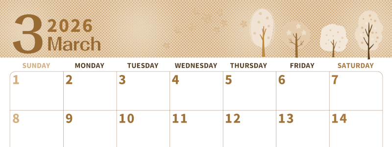 2026年3月横型レトロな日曜始まり 桜の木イラストのかわいいA4無料セピア調カレンダー(2026-00620300)