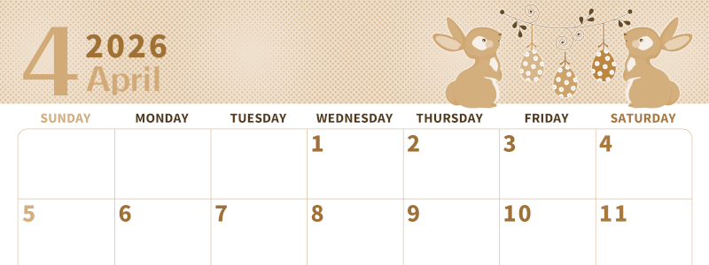 2026年4月横型レトロな日曜始まり うさぎイラストのかわいいA4無料セピア調カレンダー(2026-00620400)
