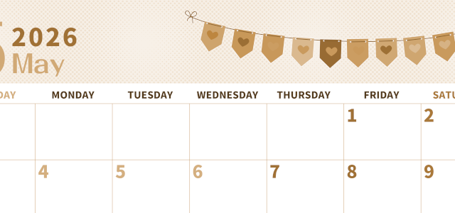 2026年5月横型レトロな日曜始まり 旗のイラストのかわいいA4無料セピア調カレンダー(2026-00620500)