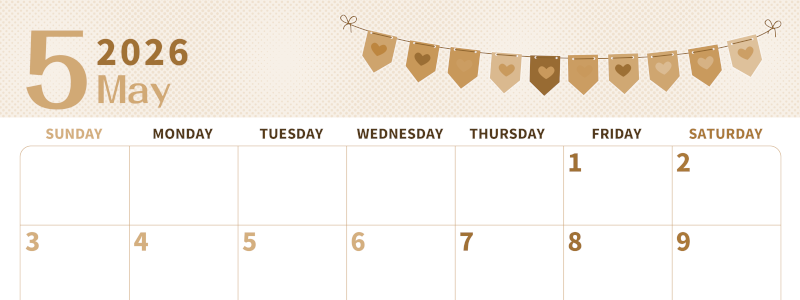 2026年5月横型レトロな日曜始まり 旗のイラストのかわいいA4無料セピア調カレンダー(2026-00620500)