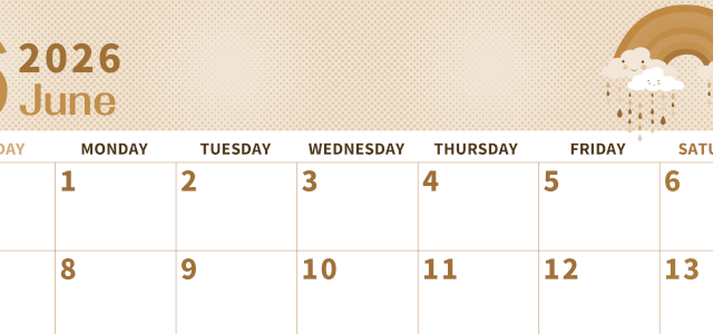 2026年6月横型レトロな日曜始まり 雨雲イラストのかわいいA4無料セピア調カレンダー(2026-00620600)