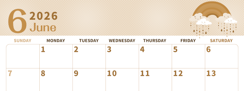 2026年6月横型レトロな日曜始まり 雨雲イラストのかわいいA4無料セピア調カレンダー(2026-00620600)
