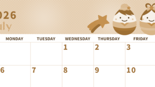 2026年7月横型レトロな日曜始まり 季節の行事のかわいいイラストA4無料セピア調カレンダー(2026-00620700)