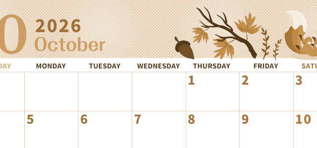 2026年10月横型レトロな日曜始まり 秋のイラストがかわいいA4無料セピア調カレンダー(2026-00621000)