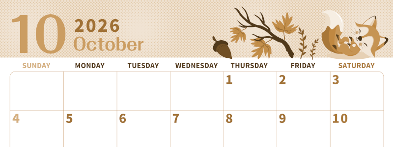 2026年10月横型レトロな日曜始まり 秋のイラストがかわいいA4無料セピア調カレンダー(2026-00621000)
