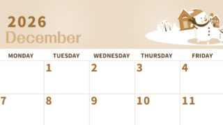 2026年12月横型レトロな日曜始まり 雪景色イラストのかわいいA4無料セピア調カレンダー(2026-00621200)