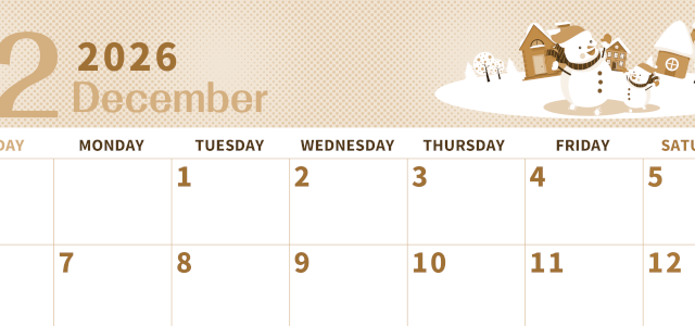 2026年12月横型レトロな日曜始まり 雪景色イラストのかわいいA4無料セピア調カレンダー(2026-00621200)