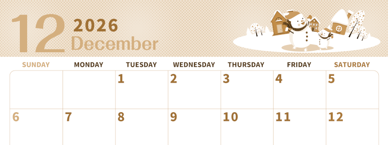 2026年12月横型レトロな日曜始まり 雪景色イラストのかわいいA4無料セピア調カレンダー(2026-00621200)