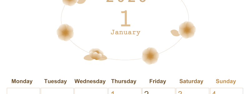 2026年1月縦型レトロな月曜始まり 花々のイラストのかわいいA4無料セピア調カレンダー(2026-00630111)