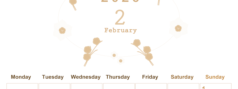 2026年2月縦型レトロな月曜始まり 草花がかわいいイラストA4無料セピア調カレンダー(2026-00630211)