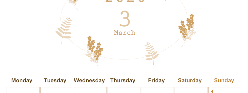 2026年3月縦型レトロな月曜始まり フラワーイラストのかわいいA4無料セピア調カレンダー(2026-00630311)