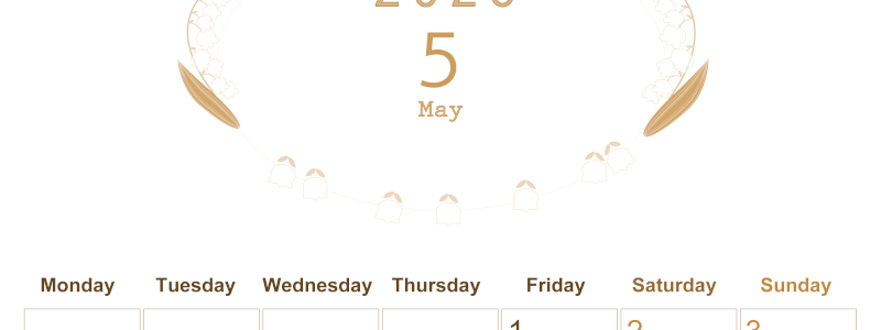 2026年5月縦型レトロな月曜始まり すずらんイラストのかわいいA4無料セピア調カレンダー(2026-00630511)