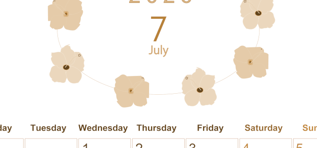 2026年7月縦型レトロな月曜始まり 花のイラストがかわいいA4無料セピア調カレンダー(2026-00630711)